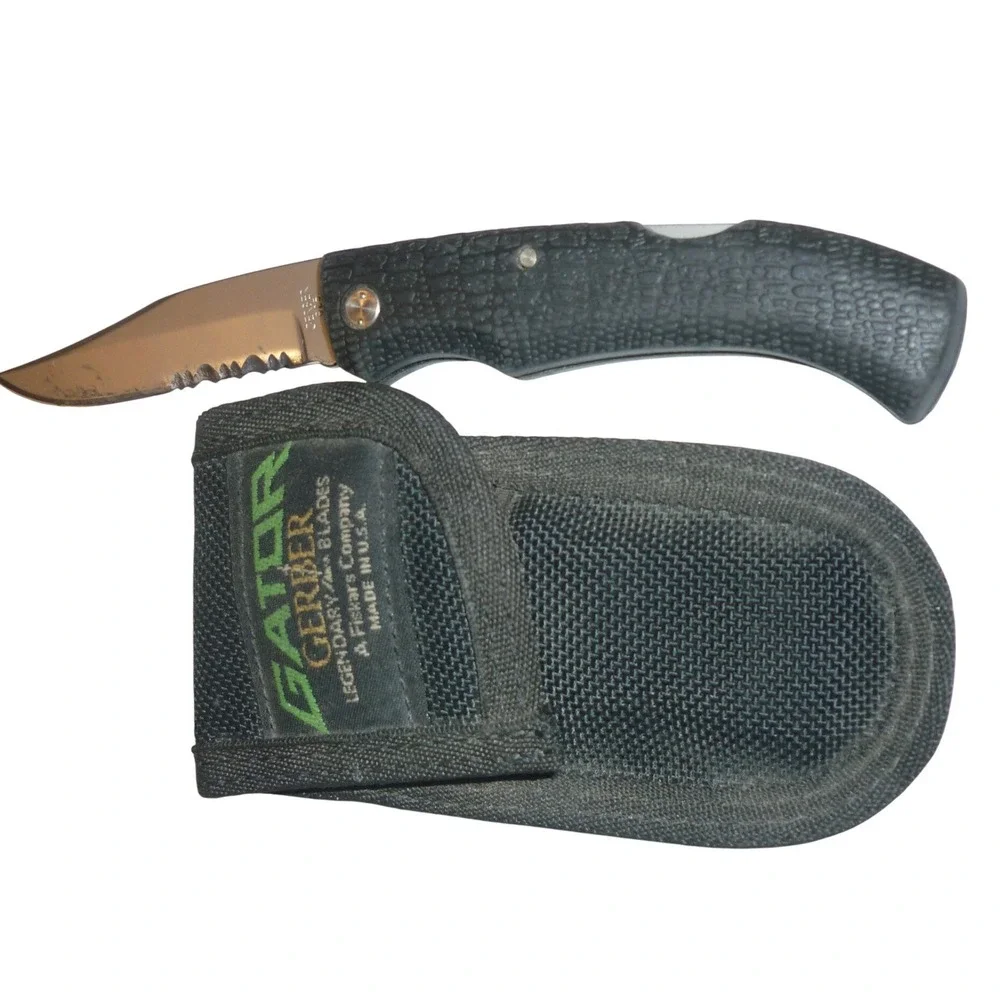 Vintage‎ Gerber Gator 625 Folding Knife Partially Serrated USA Made With Sheath